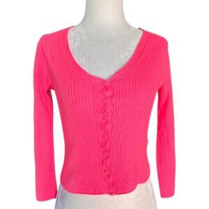 From Future Fuchsia Pink Ribbed Wool Cardigan Button Front Fitted Cropped
